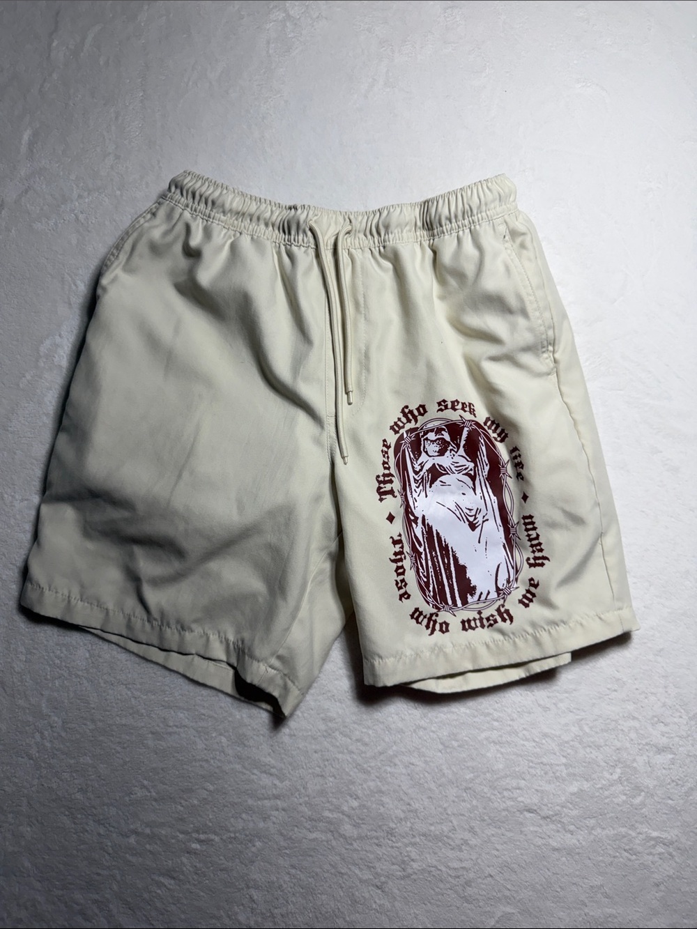 Empyre Cream Swim Shorts with Maroon Graphic